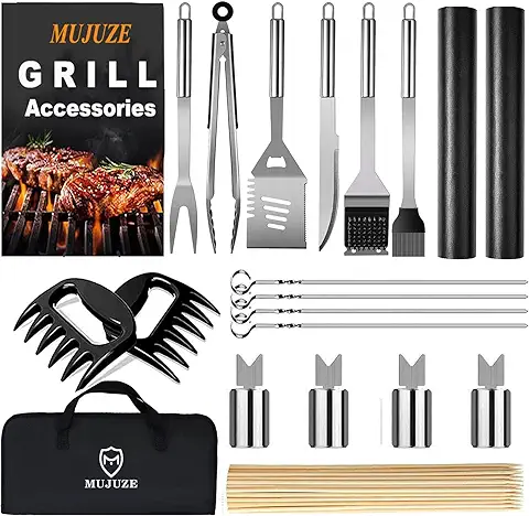 MUJUZE Kit Barbacoa Utensilios,20 Piezas de Accesorios para Barbacoa Profesionales de Acero Inoxidable, Regalo para Hombres  