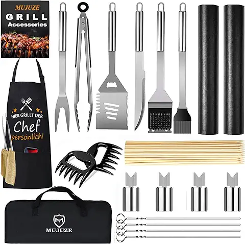 MUJUZE Kit Barbacoa Utensilios,21 Piezas de Accesorios para Barbacoa Profesionales de Acero Inoxidable,con en Pinzas para Barbacoa, Delantal para BBQ, Regalo para Hombres  