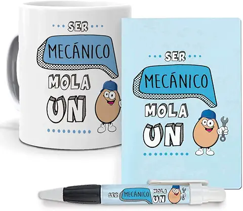 Mundohuevo Pack Original y Personalizado para Regalo de Trabajos y Profesiones. Ser Mecanico Mola un Huevo. Libreta, Boligrafo y Taza Maxima Calidad.  