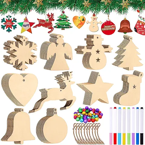 MUOIVG 100 Piezas 10 Estilos Colgantes de Madera para Navidad, Ornamentos de Navidad,Adornos de Navidad Madera, Colgantes de Madera para Árbol para Navidad con 100 Cuerdas y 100 Cascabeles  