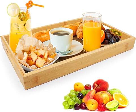 MXTIMWAN Bandeja de Madera, Bandeja Bambú para Servir con Asas, Bandejas para Servir Comida, Bandeja Rectangular Cocina, Bandejas Decorativas para Desayuno, Bebidas, Aperitivos, Decoración del Hogar  