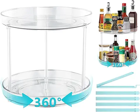 MXTIMWNA Especiero Giratorio 23cm, 360° 2 Pisos Organizador Especias Lazy Susan Despensa, Cocina Giratorio Estante de Plástico, Incluye 5pcs Pinzas para Sellar Alimentos,para Cosmético,Armario,Baño  