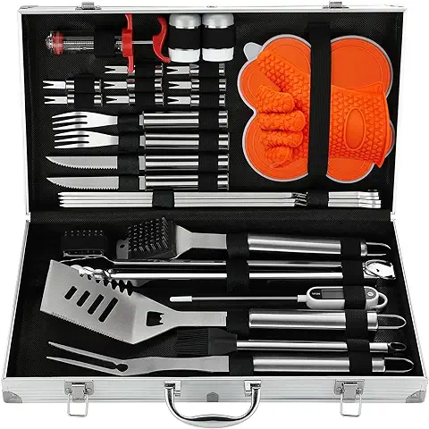 N NOBLE FAMILY 30Pcs Set Barbacoa de Acero Inoxidable Herramientas Barbacoa Profesional Duradero - Utensilios Barbacoa Variado y Completo - Kit Barbacoa para Hombres Mujeres Regalo  