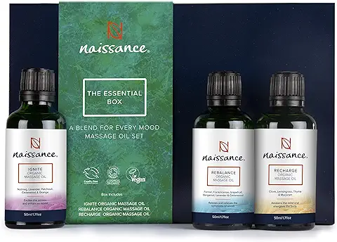 Naissance Aceites De Masaje Orgánico The Essentials Box Kit - Set Regalo Decontractante 3 x 50ml Terapia Natural Alivio Estres Cuidado Articulaciones Calmante Muscular - Perfecto Para Toda Ocasión  