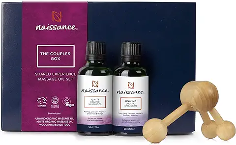 Naissance Set de Aceites De Masaje Orgánico The Couples Box Kit - Juego de Regalo Para Parejas 2 x 50ml Aceite Natural Con Masajeador De Madera