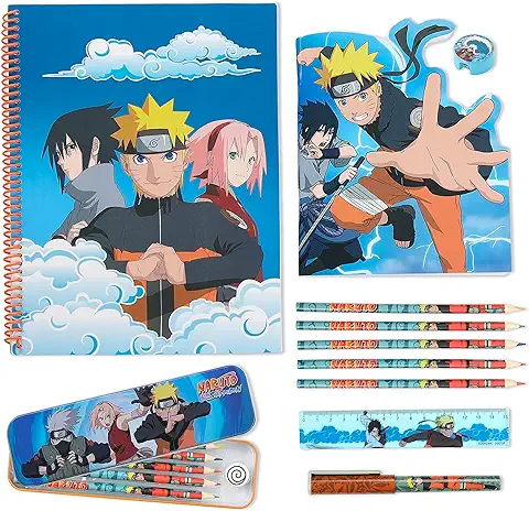 Naruto Accesorios Set Escritura y Papelería Lápices Estuche Escolar de Lata Cuaderno Para Niños Papelería Anime Set Escuela Regalos De Cumpleaños De Niños (Azul)  