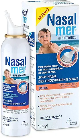 Nasalmer Bebes - Spray Contra la Congestión Nasal - Spray de Higiene y Limpieza Nasal - Bebes a Partir de 15 Días - 100% Agua de Mar. Descongestión y Limpieza Nasal - Solución Hipertónica - 125 ml  