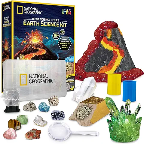 National Geographic Kit de Ciencia para Niños – Juguete CTIM con Más de 15 Actividades y Experimentos para Niños – Cultivo de Cristales, Juego de Volcán, 2 Sets de Excavación y 10 Piedras Naturales  