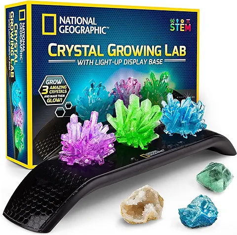 National Geographic Kit de Cultivo de Cristales: 3 Cristales de Colores Vibrantes para Crecer con Soporte de Exhibición Iluminado y Guía (Idioma Español no Garantizado), Incluye 3 Especímenes de  