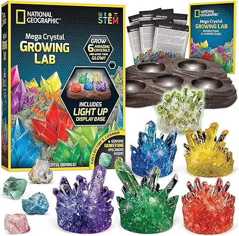 NATIONAL GEOGRAPHIC Mega Kit de Cultivo de Cristales - Cultive 6 Cristales Rápidamente (3–4 Días), con Exhibidor Iluminado, 4 Muestras de Cristal Genuino, Kit Científico Exclusivo de Amazon  