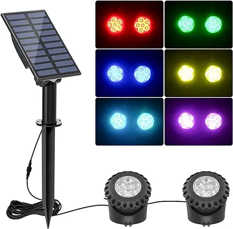 NATPOW Luz Solar Estanque, RGB Bajo el Agua Estanque Luz Paisaje Foco Luces Estanque Buceo Foco con IP68 Impermeable, Cambio de Color Iluminación de Jardín para Jardín, Patio, Árbol(2 en 1)  