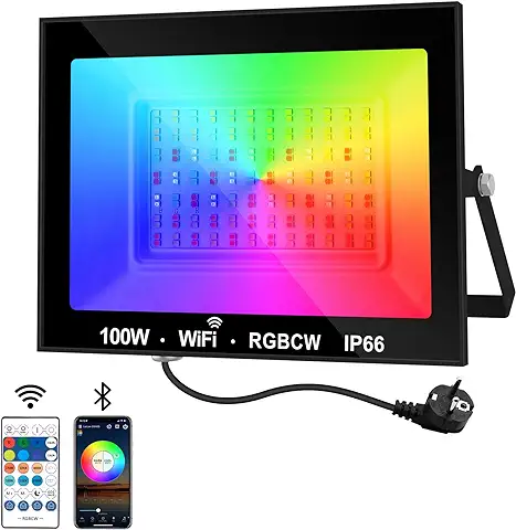 NATPOW Proyector RGB Exterior Foco LED 100W Foco RGB Con APP Bluetooth y Mando a Distancia, IP66 Impermeable Floodlight LED que Cambia de Color, RGB Foco para Jardines, Patios  