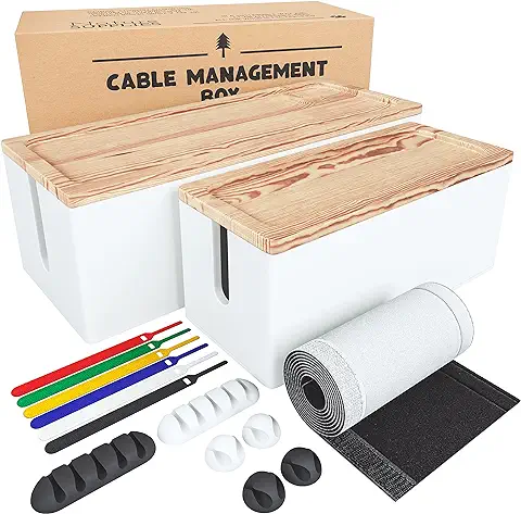 Nature Supplies 2 Cajas para Organizar Cables Hecha en Madera de Pino - 1 Caja Organizadora Mediana para Escritorio, 1 Organizador Grande para Piso (Blanco)  