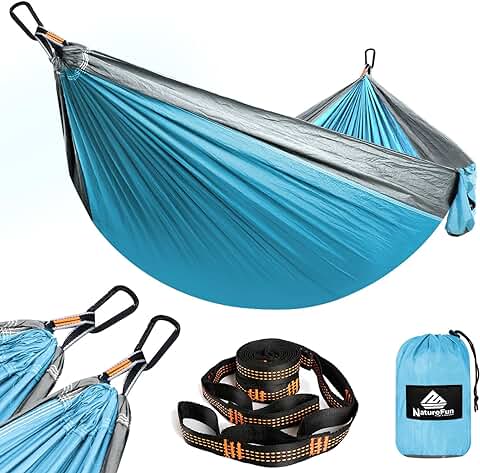 NATUREFUN Hamaca Ultraligera de Viaje para Acampar | Capacidad de Carga de 300 kg (275 x 140 cm) Transpirable, Mosquetones Premium de Secado Rápido, 2 Correas de Nailon Incluidas | para Jardín Interior Exterior, Textil, azul y gris  