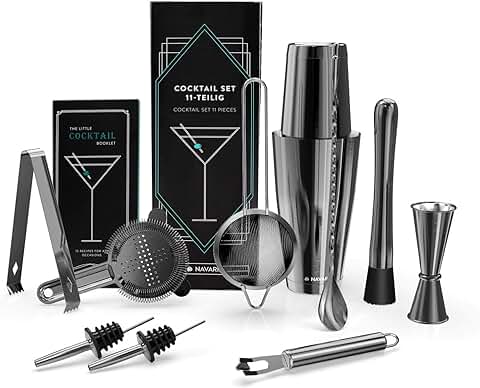 Navaris Kit para Hacer Cócteles Profesional - Juego Completo de 11 Piezas de Coctelería de Acero Inoxidable con Coctelera Medidor Pinza Cuchara Colador - en Gris Oscuro  