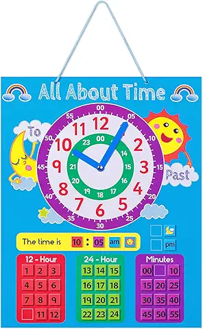 Navaris Reloj de Aprendizaje para Niños - 1x Tablero Magnético y 40x Imán para Aprender la hora y los Minutos en Inglés - Juego Infantil +3 Años  