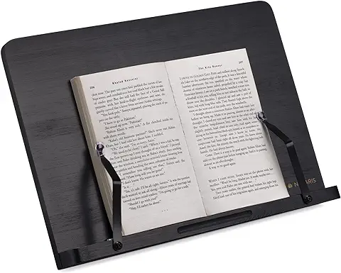 Navaris Soporte para Libros - Atril Plegable de Bambú para Libro de Cocina Lectura o Estudio - 2x clip Metálico para Apoyar de pie en la mesa o cama  