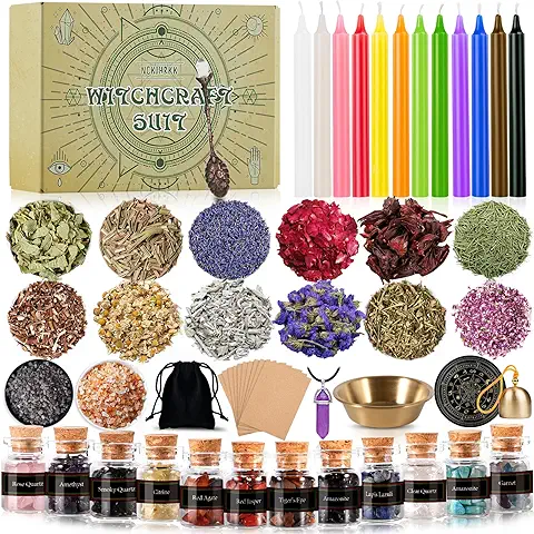 NCKIHRKK Kit de Brujería, Suministros de Brujería, Con Kit de Velas de Colores y Flores Secas, Mini Piedras Naturales, para Meditación, Oración, Regalo para Mujer Regalos Originales Halloween Navidad  