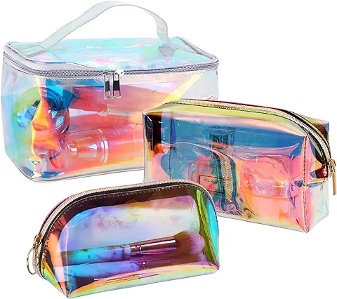 Neceser de Aseo, Neceser Maquillaje Impermeable, Bolsas de Aseo, Neceser Viaje Bolsa de Maquillaje, Bolsa de Cosméticos Holográfico para Mujeres y Niñas Vacación Viajes 3 Piezas  