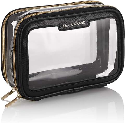 Neceser Maquillaje para Viajar – Bolso Transparente para Avión – Bolsa de Aseo con Cremalleras – Negro y Dorado, Lily England  