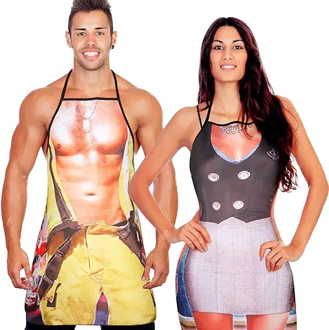 Neer Set 2 Delantales Divertidos de Cocina de Pareja Delantal Novedoso de Hombre Mujer Regalo de Mandil Divertido de Navidad de Chef Musculoso Impermeable Ajustable para Barbacoa  