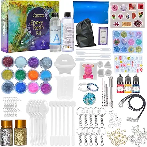 NELLHOME Resina Epoxi Manualidades, kit Completo para Hacer Llaveros, Joyeria, Signos Zodiacales, Figuras, Moldes de Silicona, Resina Epoxi, Pigmentos, Protector de Mesa, Bolsa de Transporte  