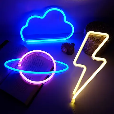 NELUX Pack de 3 Rayo, Planeta y Nube - Luces Neón LED para Pared de Habitación, Luz Neón Decoración Habitación, Figura LED Forma, Cartel Luminoso Decorar Dormitorio o Bar. Conexión USB o Pilas.  