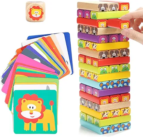 Nene Toys - Torre de Bloques de Madera 4 en 1 con Colores y Animales – Juguete Educativo para Niños de 4 a 8 Años – Juego de Mesa  