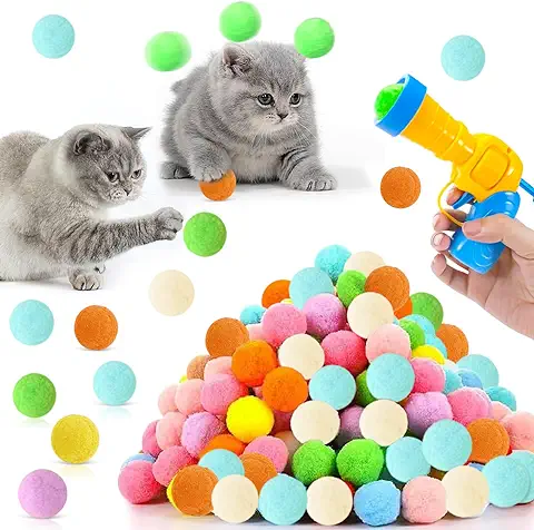 NHYDZSZ 100Piezas Lanzador de Bolas de Juguete para Gatos,Juguete Interactivo para Gatos Lanzador de Juguetes para Gatos Silenciosas,Pistola de Bolas para Gatos,Juguetes para Gatos Training Jugar  