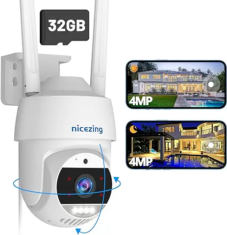 Nicezing 4MP QHD Camara Vigilancia WiFi Exterior con Eléctrico con Tarjeta SD 32G, PTZ 360°, Detección Humano, Seguimiento Auto, 35M Visión Nocturna en Color, IP67, Compatible Alexa, SD/Cloud/NVR  