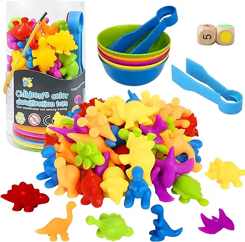 NINGESHOP Montessori Juguete Educativo, Dinosaurio 48 Piezas Clasificar Juegos, Juguetes de Dinosaurios para Contar con Tazas y Pinzas, Juguete para Niños de 3, 4, 5 Años  