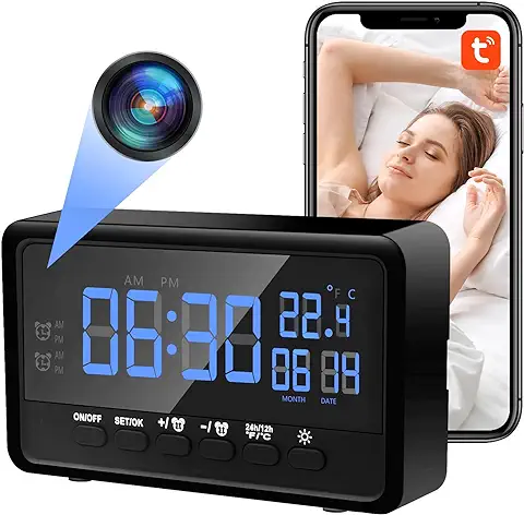 Nisanmoon Reloj WiFi Cámara Oculta 1080P WiFi Espía Cámara con Función de Despertador, 2.4/5Ghz Mini WiFi Cámara Espía Compatible con Visión Nocturna y Detección de Movimiento, App Vigilancia Remota  