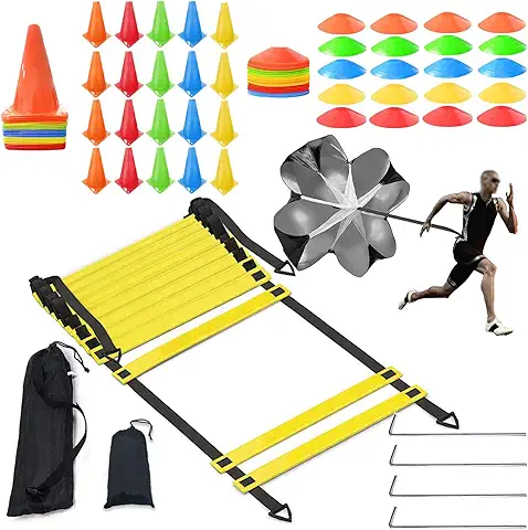 Niuniaj Set de Entrenamiento de Fútbol,Agility Speed Ladder,Escalera de Agilidad(6m-12Peldaños),20Cono Deportivo,20Conos Entrenamiento,1Paracaídas de Resistencia,4 Clavos Metálicos y Bolsa  