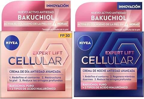 NIVEA Cellular Expert Lift Crema de día Antiedad Avanzada FP30 (1 x 50 ml) + Crema de Noche Antiedad Avanzada (1 x 50 ml) con Ácido Hialurónico y Bakuchiol Puro, Crema Reafirmante  