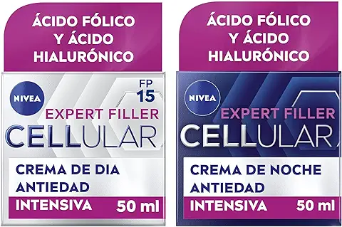 NIVEA Hyaluron Cellular Expert Filler Crema de Día FP15 (1 x 50 ml) + Crema de Noche (1 x 50 ml), Crema Antiarrugas con ácido Hialurónico y ácido Fólico  