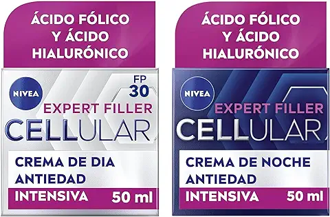 NIVEA Hyaluron Cellular Expert Filler Crema de Día FP30 (1 x 50 ml) + Crema de Noche (1 x 50 ml) Crema Antiarrugas con Ácido Hialurónico y Ácido Fólico, Crema Antiedad con Efecto Rellenador 24 Horas  