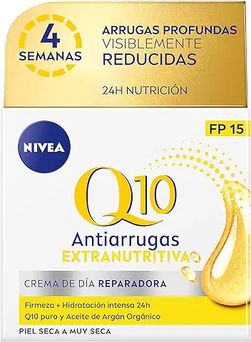 NIVEA Q10 Power Antiarrugas Crema de Día Extra-Nutritiva (1 x 50 ml), Crema Facial Antiarrugas con Coenzima Q10 y Aceite de Argán, Crema Antiedad con FP15 para piel seca  