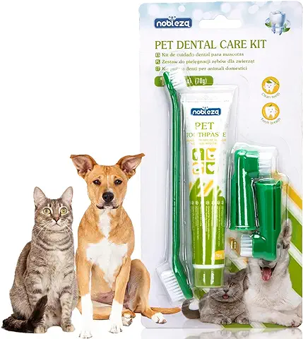 Nobleza - Set Higiene Dental para Perros, Dientes Perro para la Limpieza y el Cuidado Dental de los Perros, Previene la Placa y Sarro, Crema Dental para Perros 73 g, Con Tres Cepillos de Dientes  