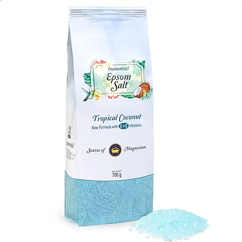 Nortembio Sal de Epsom 700 g. Fragancia Coco Tropical. Sal de Baño Hidratada con Vitamina C y E. Relajación de Músculos, Aromaterapia y Buen Sueño. E-Book Incluido.  