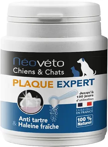 Néovéto Anti SARRO y Mal Aliento, Plaque Expert Bio, Polvo Natural para el Cuidado Dental de Perros y Gatos, Antiplaca, 180 Dosis, Principios Activos Aprobados por los Servicios Veterinarios  