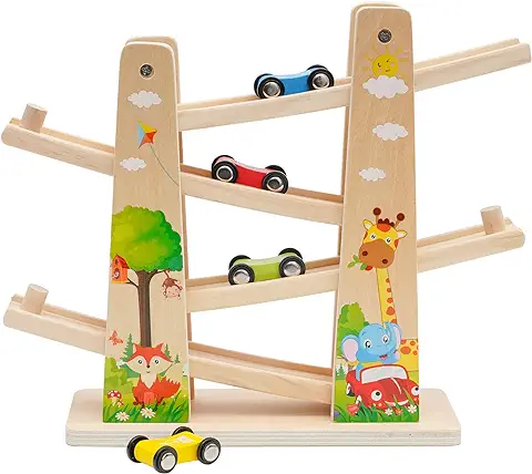 NUKied Juguete Rampa Coches Madera Pura con 4 Coches |Juguetes para Autos Niños |corredera para Autos |Pista Coches Madera Regalo de Juguete Educativo para 1 2 3 4 Años  