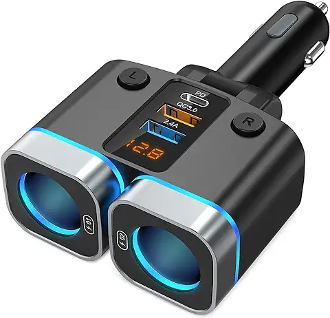 Nulaxy 150W Adaptador de Encendedor de Cigarrillos, 2 Enchufes Divisor USB C/QC3.0/USB2.4A Rápida Cargador de Coche, Interruptores Separados, 15A Fusible Reemplazable, para GPS/DashCam/Teléfono/iPad  