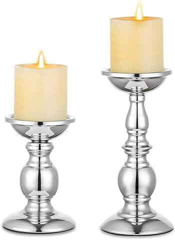 Nuptio Pilar Candelabros Candelabro de Metal Ideal para Velas de 80mm, Candelero de Plata para Sala Estar, Jardines, SPA, Aromaterapia, Conos de Incienso, Bodas, Fiestas, 2 Piezas  