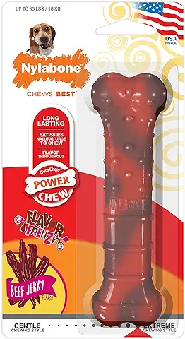 Nylabone Juguete Masticable En Forma de Hueso para la Higiene Dental de Perros con Mordida Agresiva, Hueso con Textura, Sabor A Jerky de Ternera, para Perros Adultos de Hasta 16 Kilos  