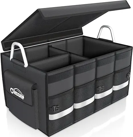 Oasser Organizador Maletero Coche Tamaño Grande Tapa Desmontable con Asa de Aluminio Diseño Plegable Impermeable y Antideslizante Negro E3  