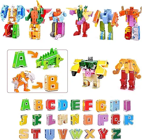 OBEST 26Pcs Letras Transformación Juguetes de Robot, A-Z Bloques AlfabéTicos Deformados de Dinosaures/Animales/Robots, Bloques Construcción para El Aprendizaje Creativo del Alfabeto Regalo 6+ Ans Niño  