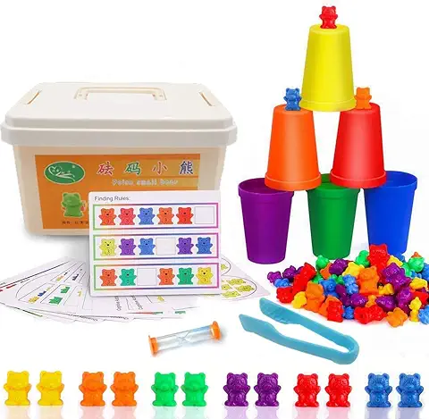 OBEST Contando Osos Colores Coordinados Clasificación Tazas Montessori y Contando Juguetes Educativos (Juego de 73) Caja de Almacenamiento de 60 Osos y 6 Tazas  