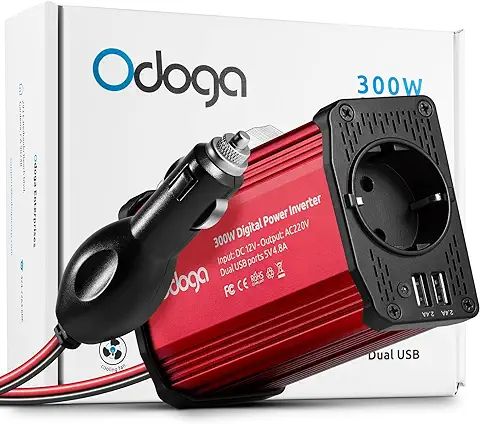 Odoga Inversor 12v a 220v 300W para Coche, Convertidor con Puertos Doble USB - Adaptador Mechero Coche a Enchufe - Cargue Sus Dispositivos Electrónicos en Autocaravanas, Camper Furgoneta & Coche  