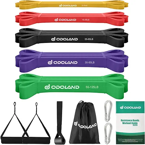 Odoland Bandas de Resistencia Elástica Set con 5 Pull Up Bands, Manija, Anclaje de Puerta, Mosquetón, Kit de Bandas Elasticas de Fitness para Fortalecer la Fuerza Muscular  