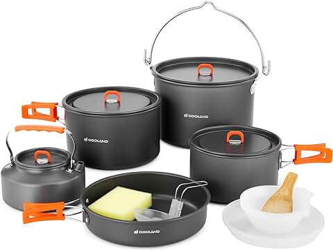 Odoland Kit de Utensilios Cocina Camping de 18 Piezas para 1-5 Personas, Kit de Camping con 3 Ollas, 1 Sartén y 1 Hervidor, para Camping Senderismo Viajes Cocina al Aire Libre y Picnics  